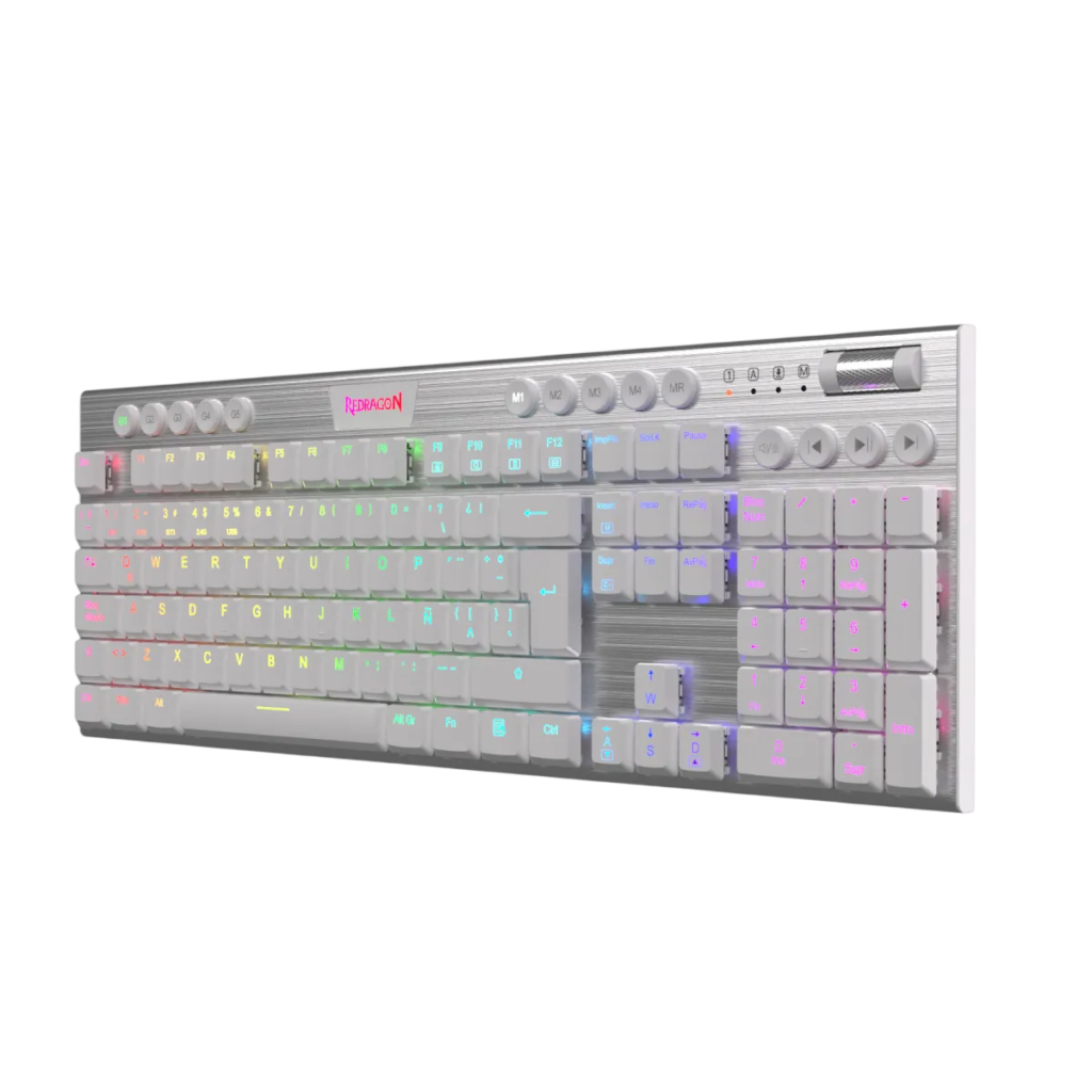 Teclado REDRAGON HORUS FS WIRELESS WHITE K618 | Red Switch, Español, Tri-Mode (USB/2.4G/BT)
